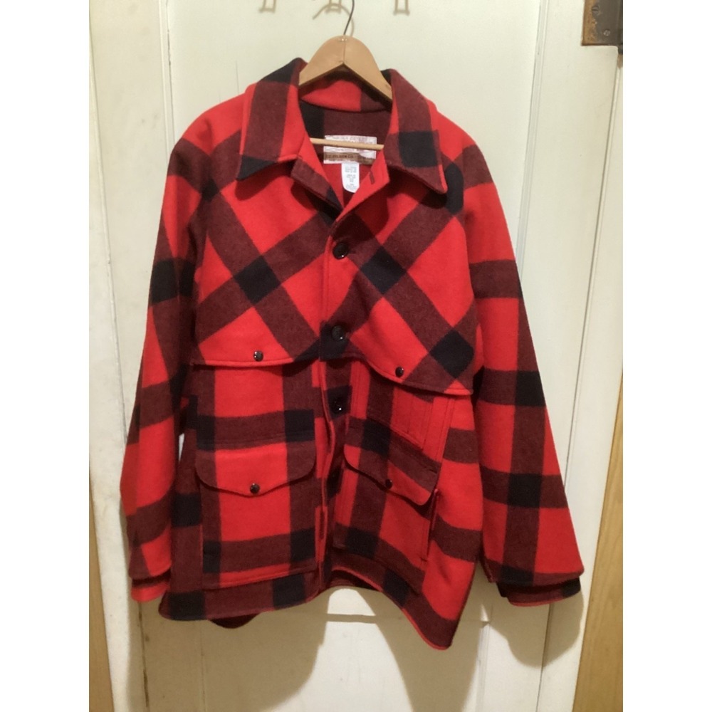 Filson Double Mackinaw Wool Cruiser Jacket Red Buffalo Plaid Vintage 46 USA